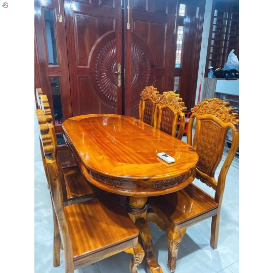 BÀN ĂN 6 GHẾ GỖ TRÀM BÔNG VÀNG MẪU OVAN